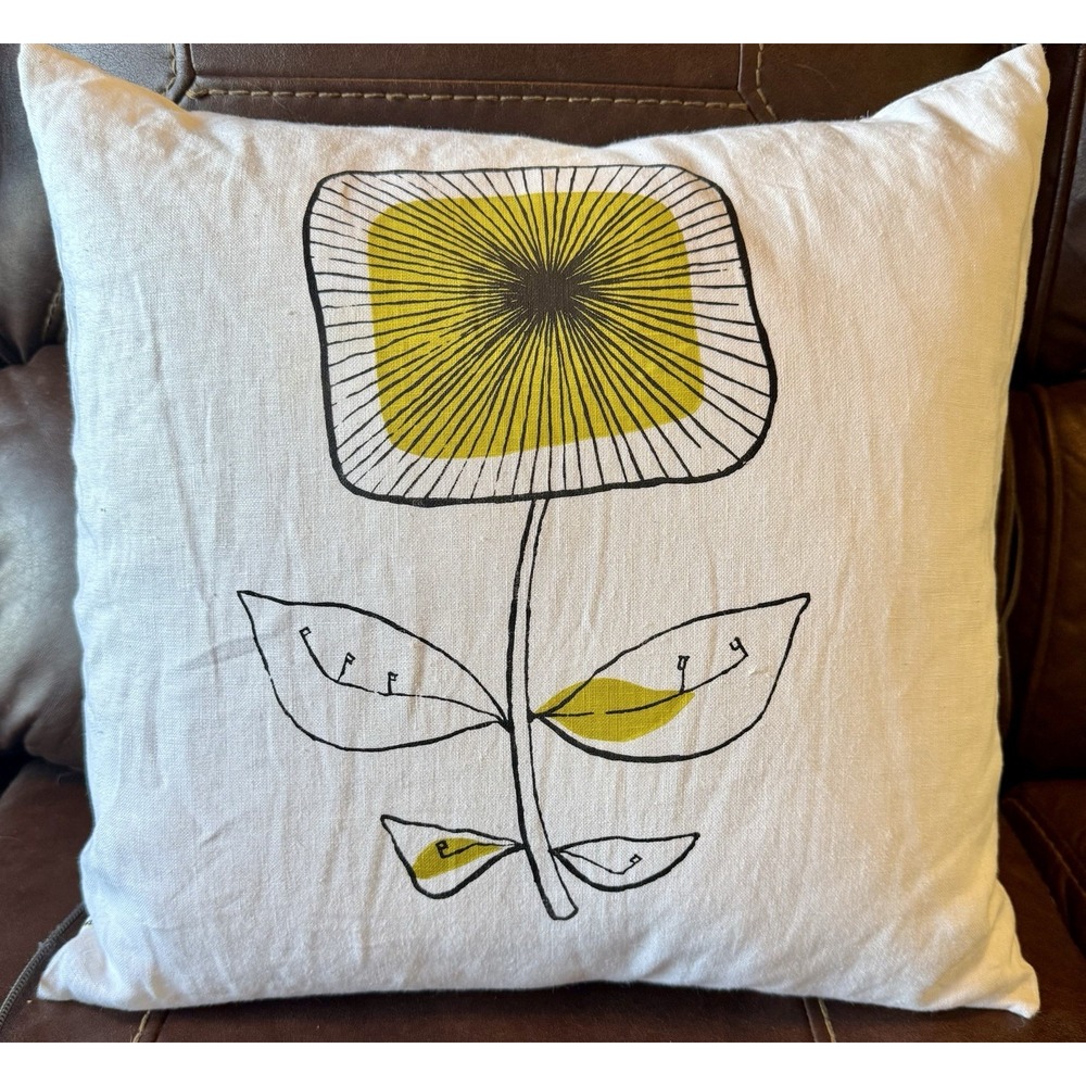 Modern Linen Floral Pillow 20x20 Mustard Yellow‎ Black Print w/ Feather Insert